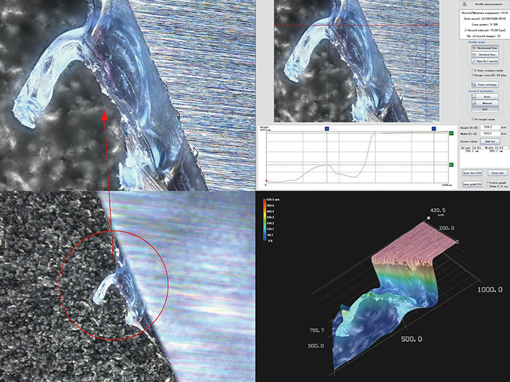 Tilted observation of a defective edge (high-/low-magnification images, 3D shape measurement, and profile measurement)