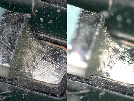 Tilted observation of a solder fillet  Left: depth composition, glare removal, ring-reflection removal/right: normal