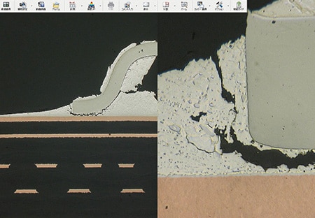 Observation of solder cracks on an IC cross section (left: 100x/right: 1000x)